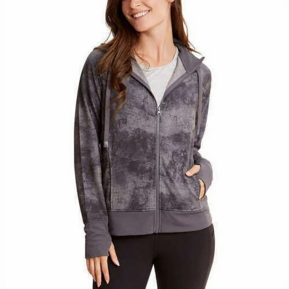 Danskin-Women’s Double-Collar-Full-Zip-Hooded gray Jacket Marble Print Large - Picture 3 of 11